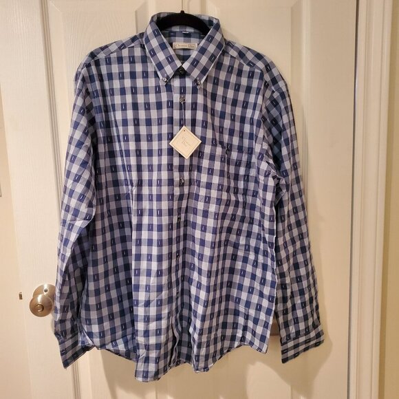 NWT Christian Dior Blue Gingham Button Down Shirt XL - Picture 1 of 6